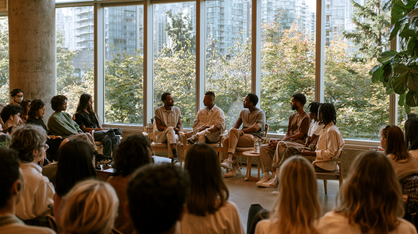 A diverse panel and audience in a bright, daylit public forum — an open, moderated discussion.